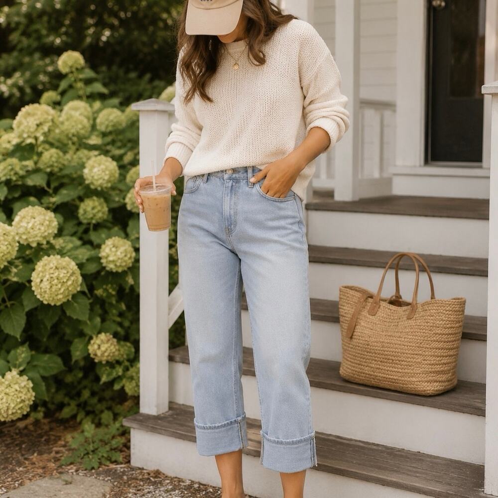 Frye High Rise Cropped Cuffed Straight Leg Jeans Light Wash Old Money sz 10 / 30